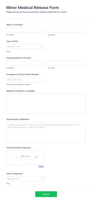 Minor Medical Release Form Form Template