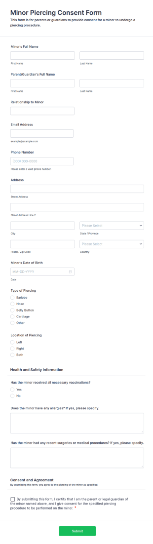 Minor Piercing Consent Form Template