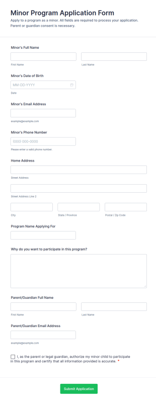 Minor Program Application Form Template