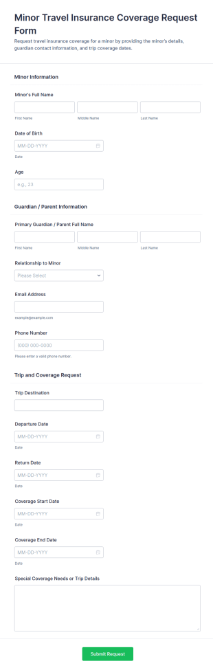 Minor Travel Insurance Coverage Request Form Template