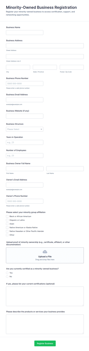 Minority Owned Business Registration Form Template