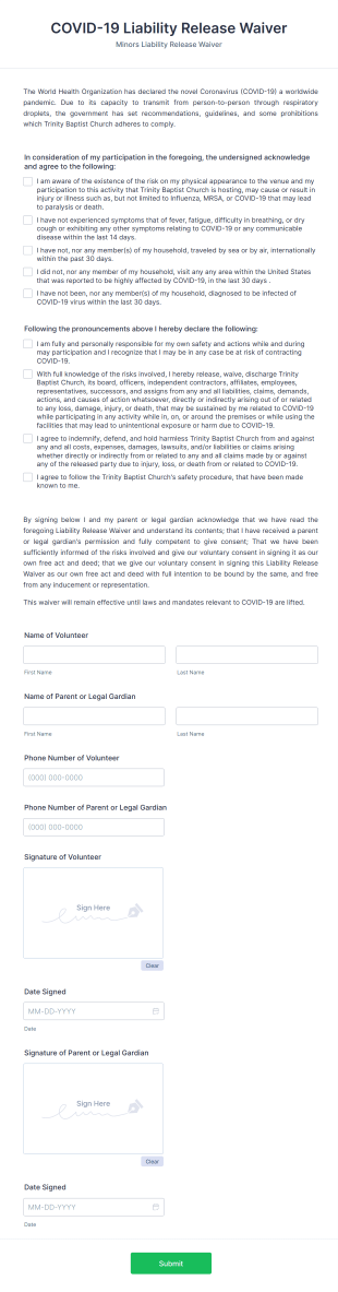 Minors COVID 19 Liability Release Waiver Form Template