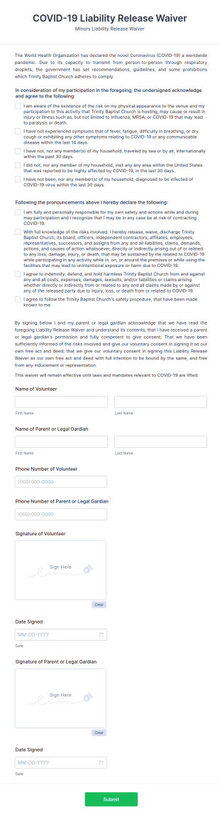Minors COVID 19 Liability Release Waiver Form Template