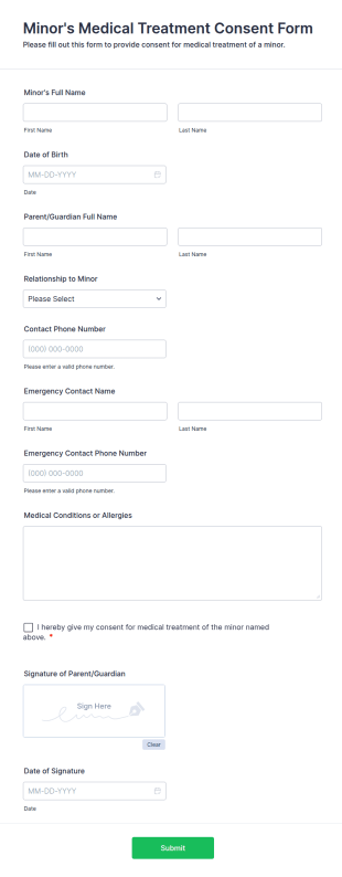 Minor's Medical Treatment Consent Form Template