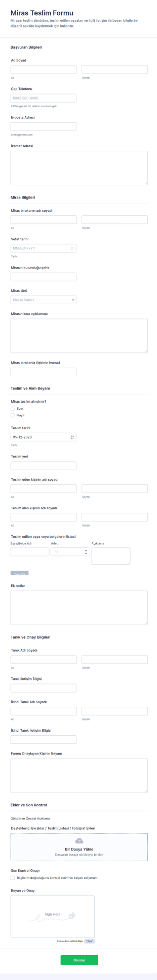 Miras Alım Belgesi Form Şablonu