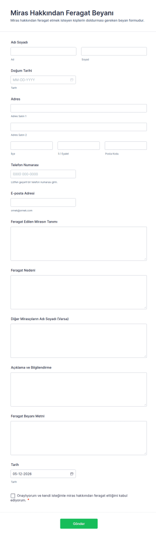 Miras Hakkından Feragat Beyanı Form Şablonu