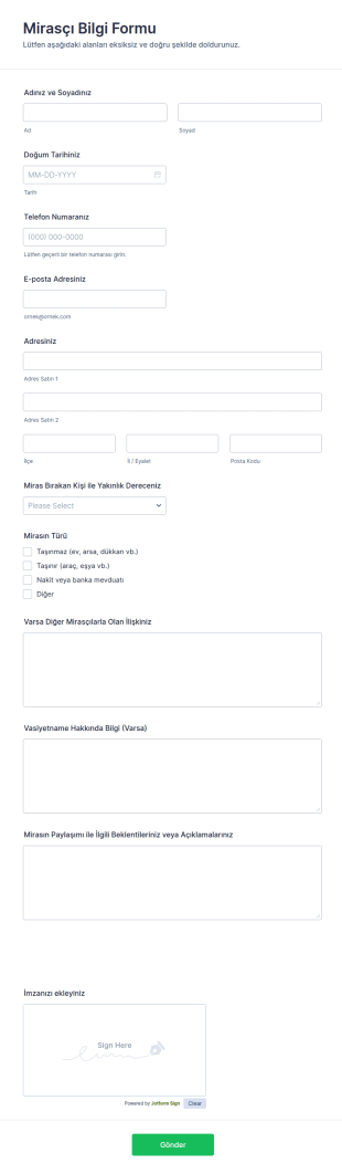Mirasçı Bilgi Form Şablonu