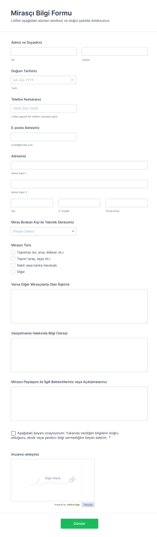 Mirasçı Bilgi Form Template