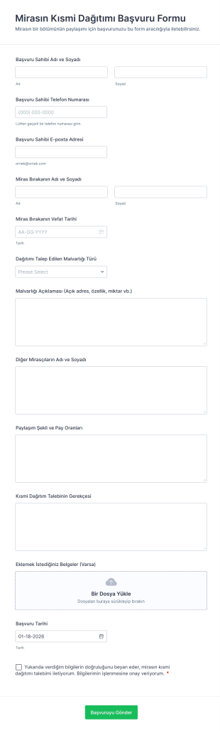Mirasın Kısmi Dağıtımı Başvuru Form Template