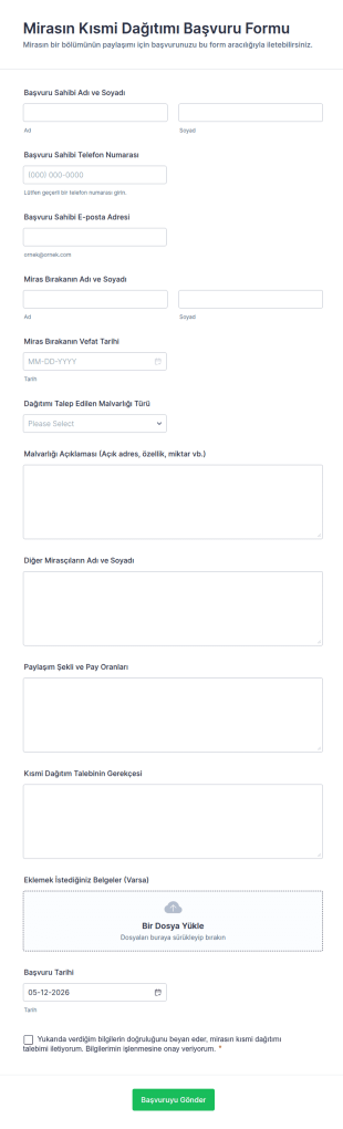 Mirasın Kısmi Dağıtımı Başvuru Form Şablonu