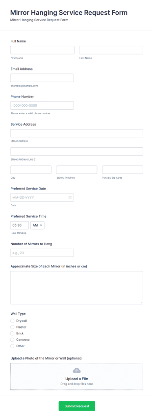 Mirror Hanging Service Request Form Template