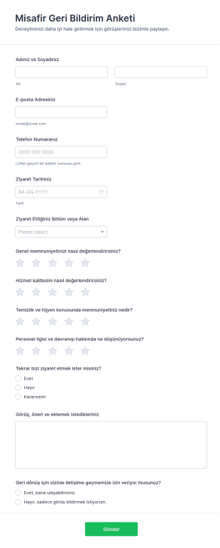 Misafir Geri Bildirim Anketi Form Şablonu