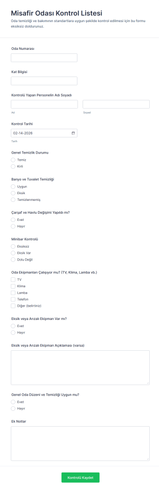Misafir Odası Kontrol Listesi Form Şablonu