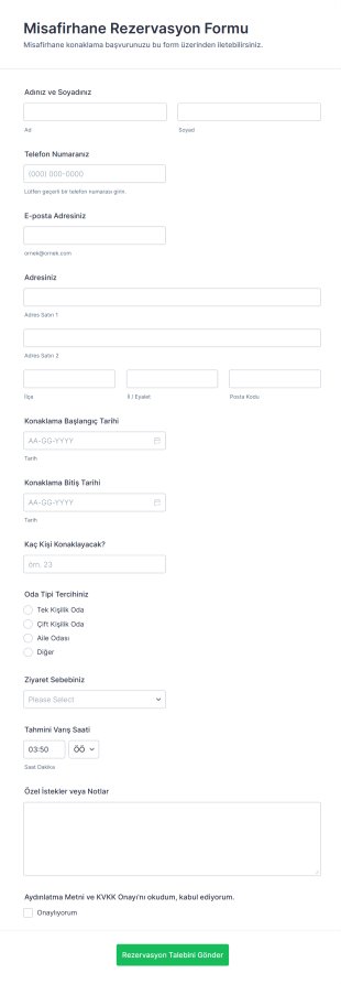 Misafirhane Rezervasyon Form Şablonu
