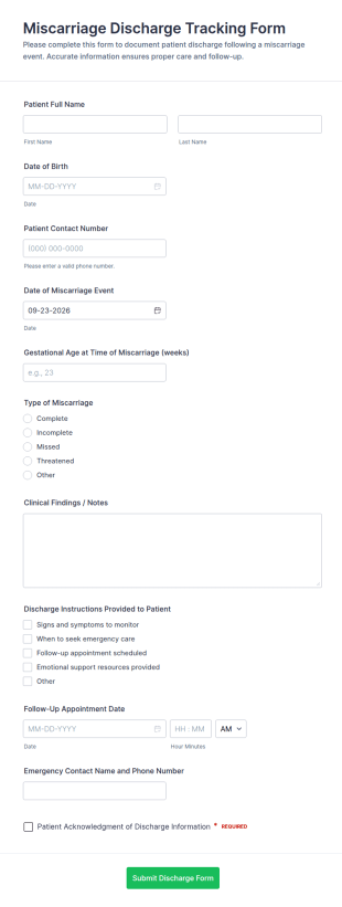 Miscarriage Discharge Tracking Form Template