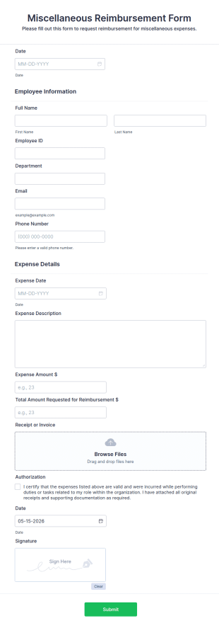Miscellaneous Reimbursement Form Template