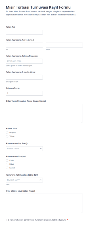 Mısır Torbası Turnuvası Kayıt Form Şablonu