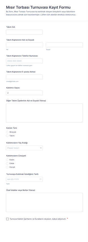Mısır Torbası Turnuvası Kayıt Form Şablonu