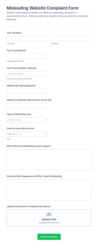 Misleading Website Complaint Form Template