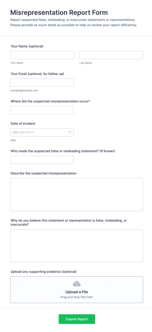 Misrepresentation Report Form Template