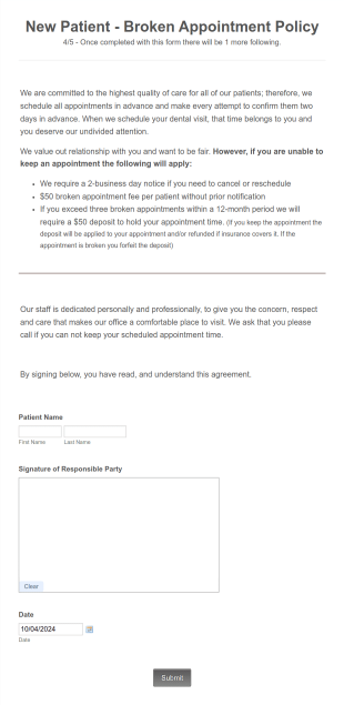Missed Appointment Policy Acknowledgement Form Template