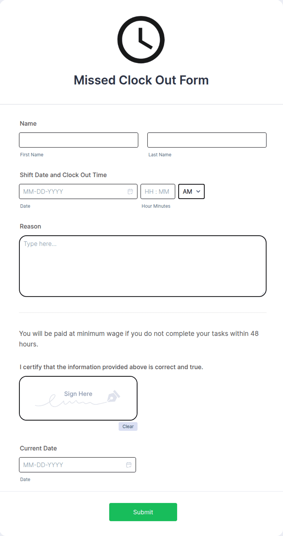 Clock Out Code Sheet Missed Clock Out Form Template | Jotform