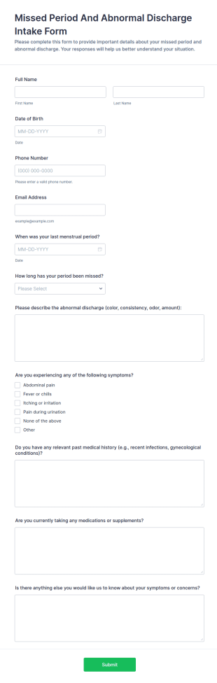 Missed Period And Abnormal Discharge Intake Form Template