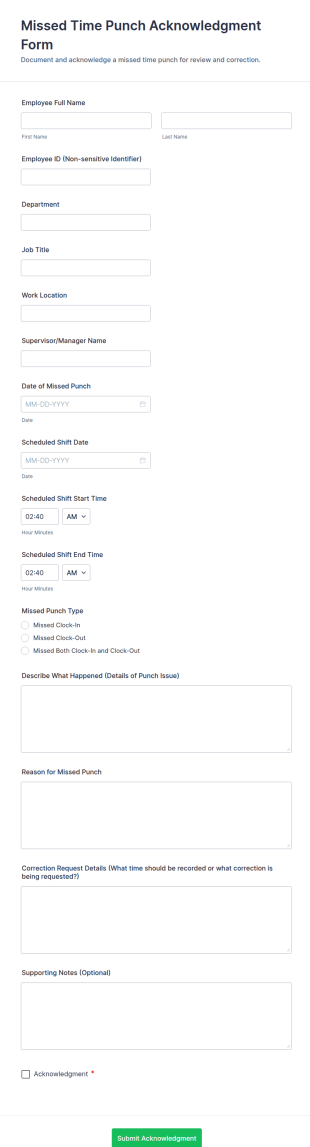Missed Time Punch Acknowledgment Form Template