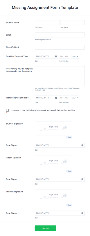 Missing Assignment Form Template