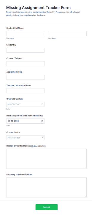 Missing Assignment Tracker Form Template