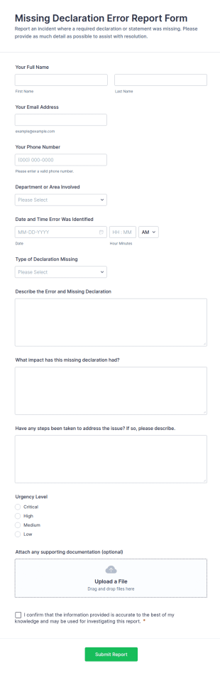 Missing Declaration Error Report Form Template