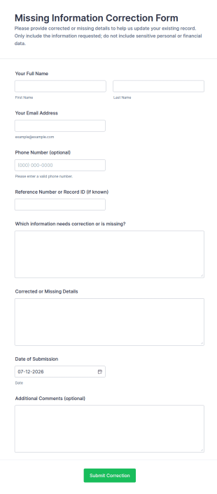 Missing Information Correction Form Template