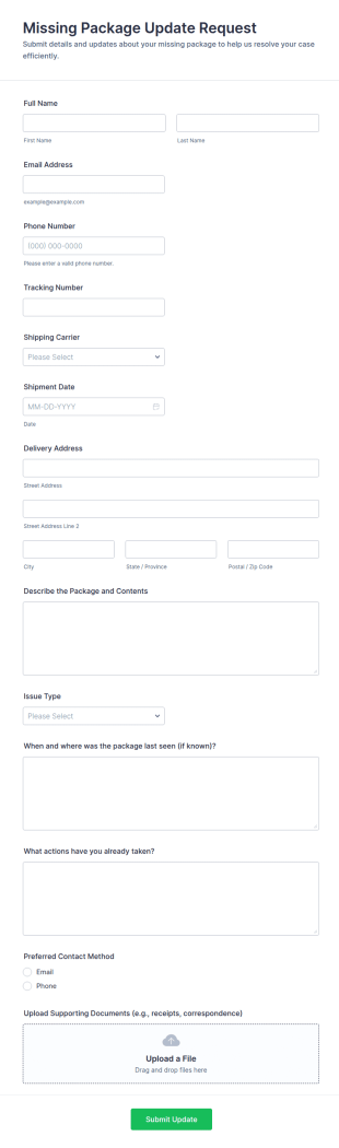 Missing Package Update Request Form Template