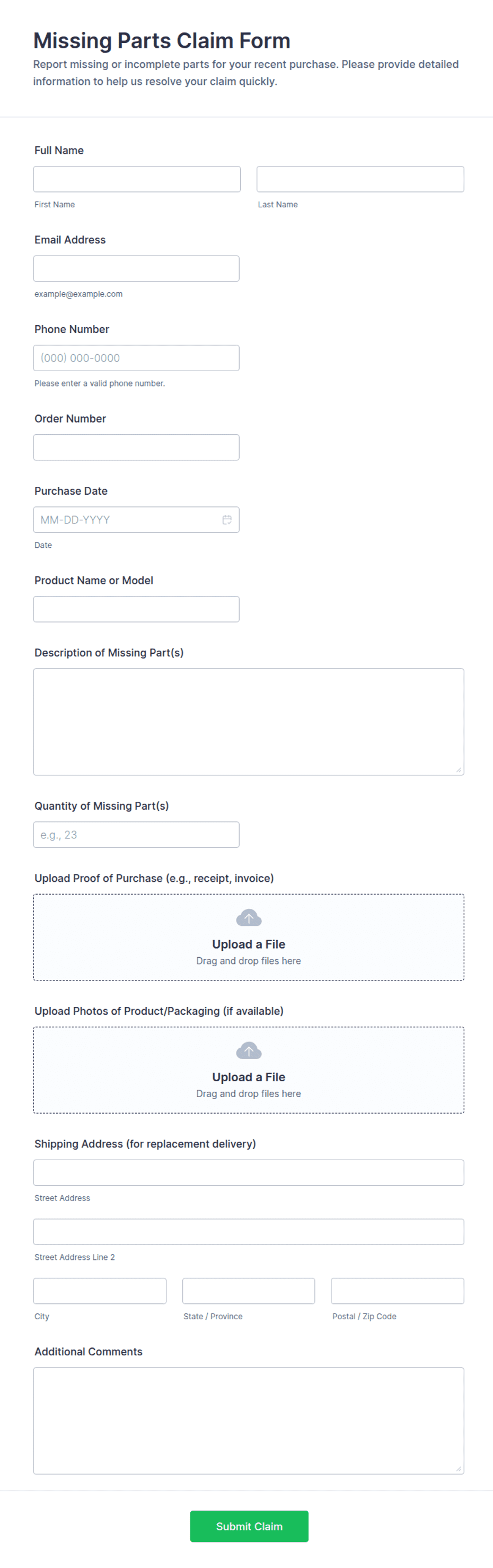 Missing Parts Claim Form Template | Jotform
