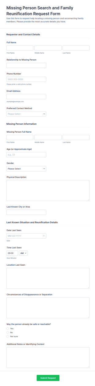 Missing Person Search And Family Reunification Request Form Template