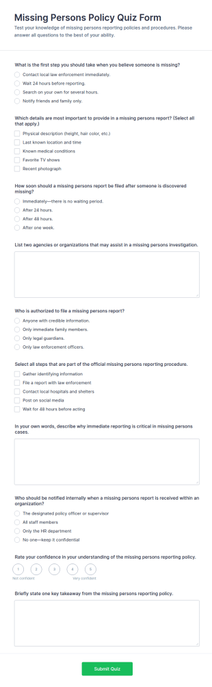 Missing Persons Policy Quiz Form Template