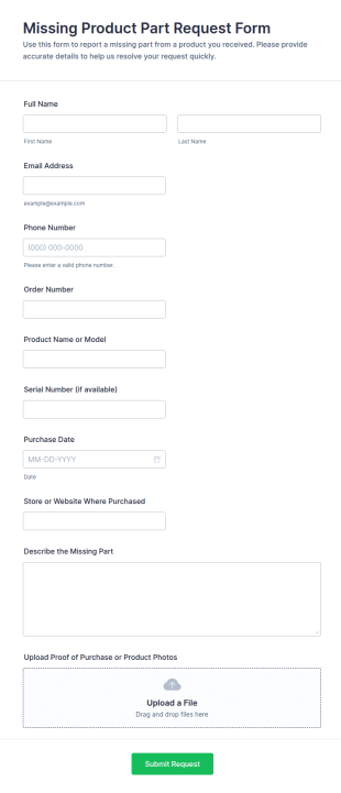 Missing Product Part Request Form Template