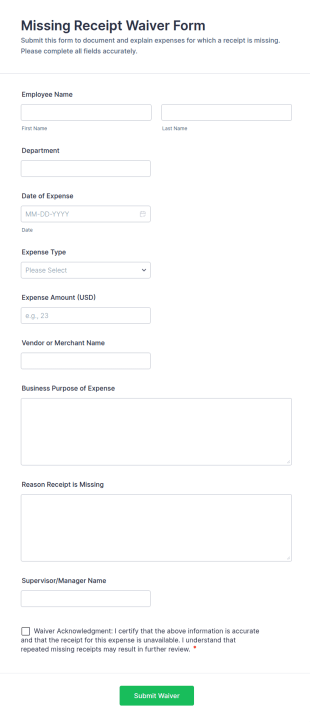 Missing Receipt Waiver Form Template