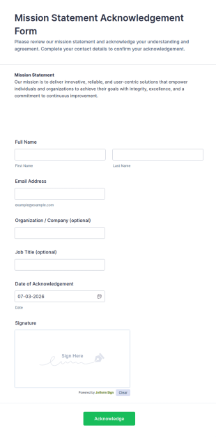 Mission Statement Acknowledgement Form Template