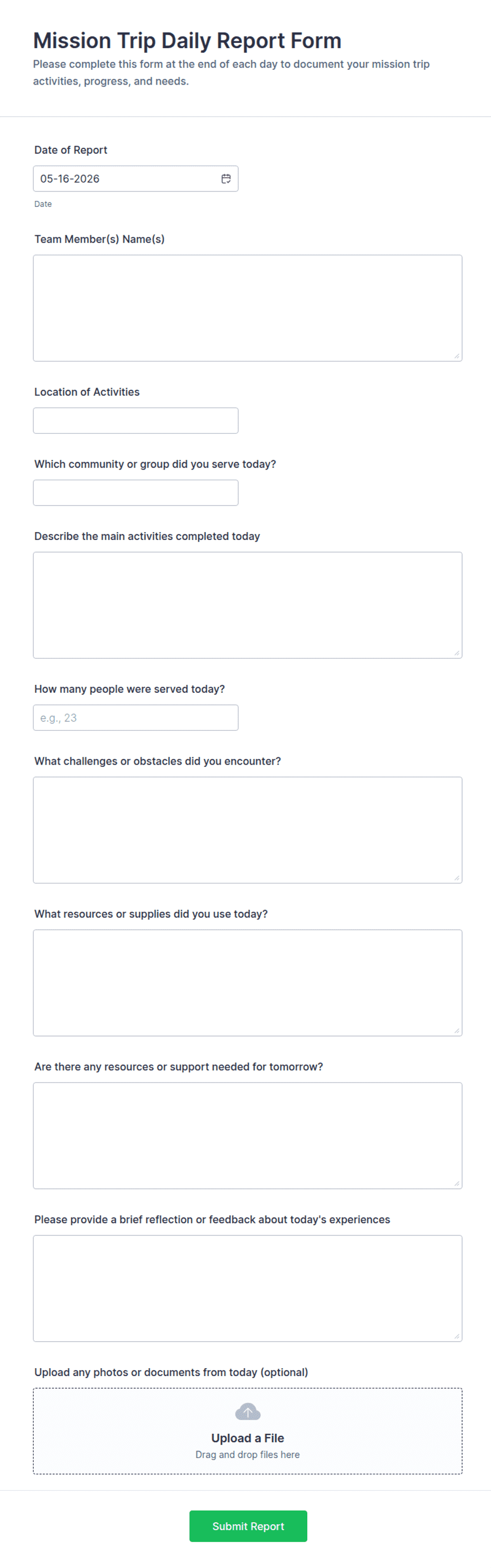 Mission Trip Daily Report Form Template | Jotform