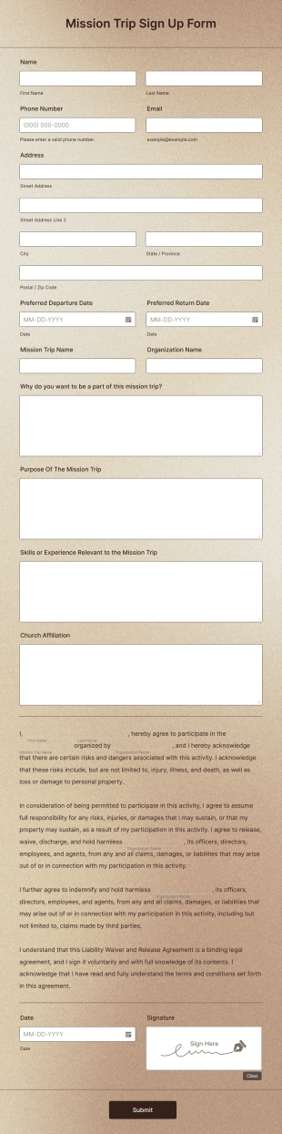 Mission Trip Sign Up Form Template
