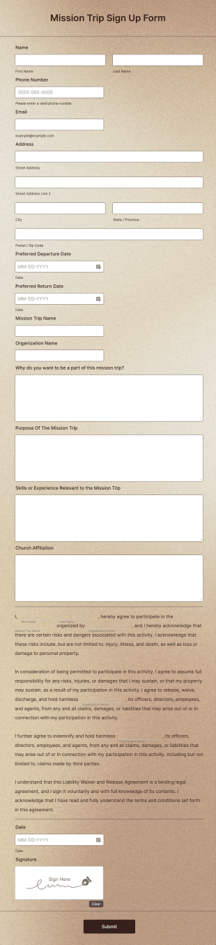Mission Trip Sign Up Form Template