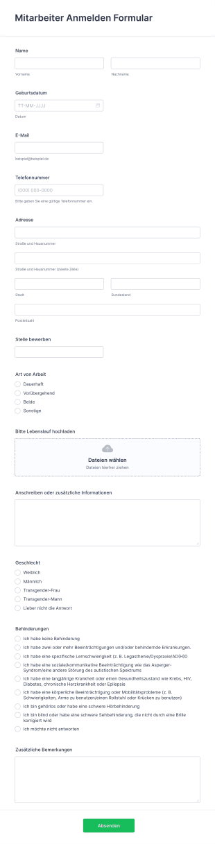 Mitarbeiter Anmelden Formular Form Template
