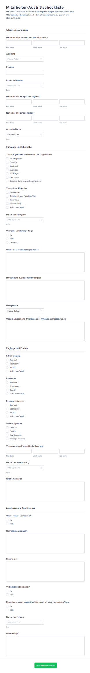 Mitarbeiter Austritts Checkliste Formular