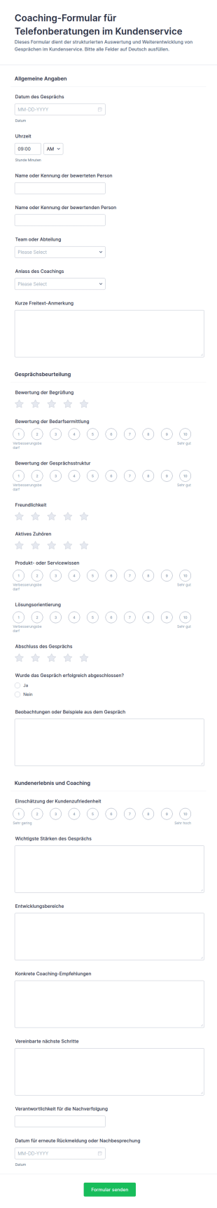 Mitarbeiter Coaching Formular Für Call Center