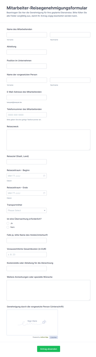 Mitarbeiter Reisegenehmigungsformular