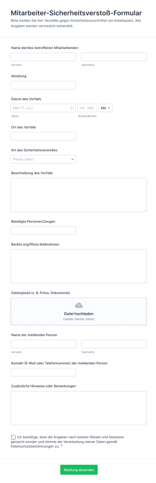 Mitarbeiter Sicherheitsverstoß Formular