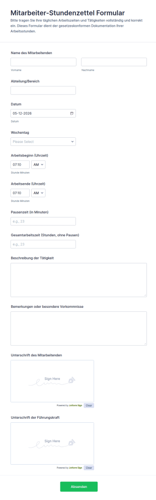 Mitarbeiter Stundenzettel Formular