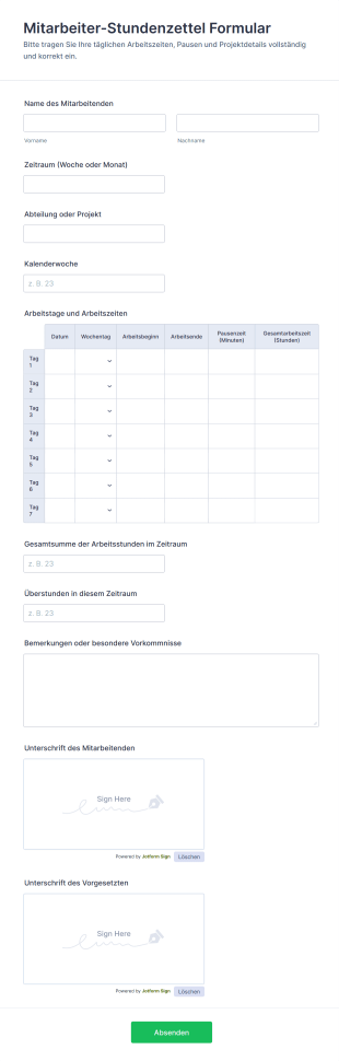 Mitarbeiter Stundenzettel Formular Form Template