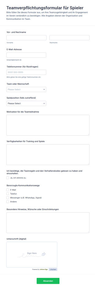 Mitarbeiter Teamverpflichtungsformular